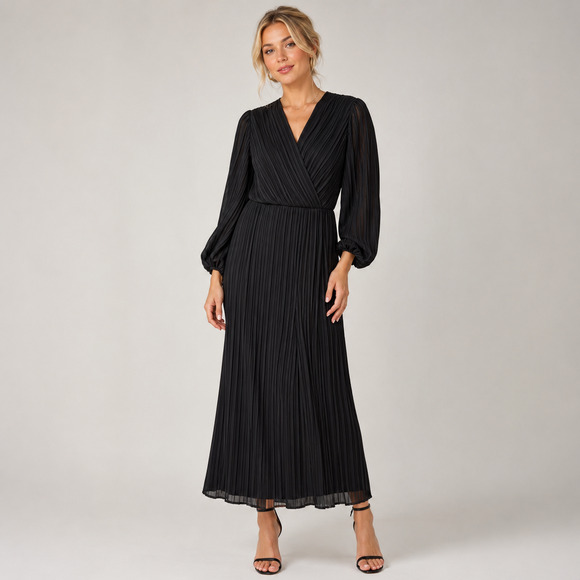 Zara Dresses & Skirts - Zara Black Long-Sleeve Pleated Wrap Midi Dress size XS